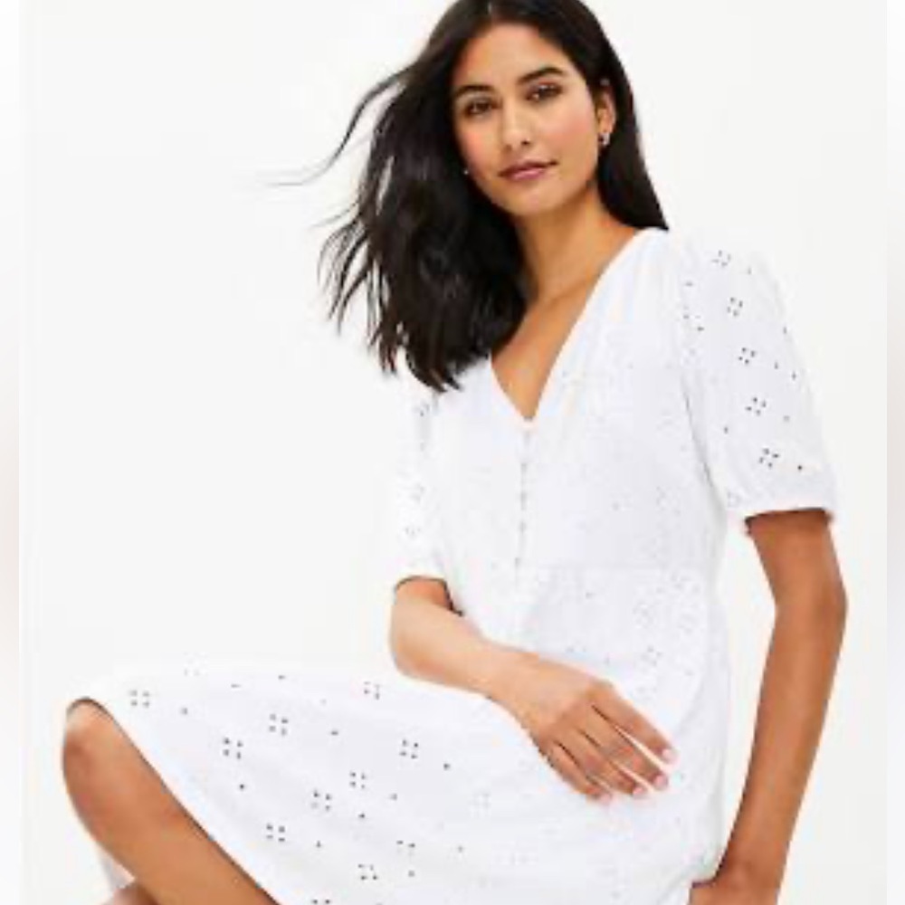Loft White Eyelet Tiered Swing Dress medium Petite Puff Sleeves